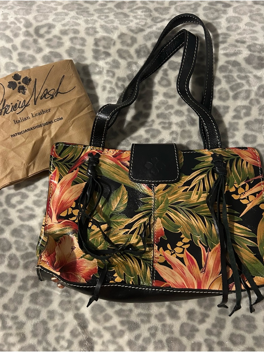 Patricia Nash Black Tropical Floral Leather Shoulder Bag